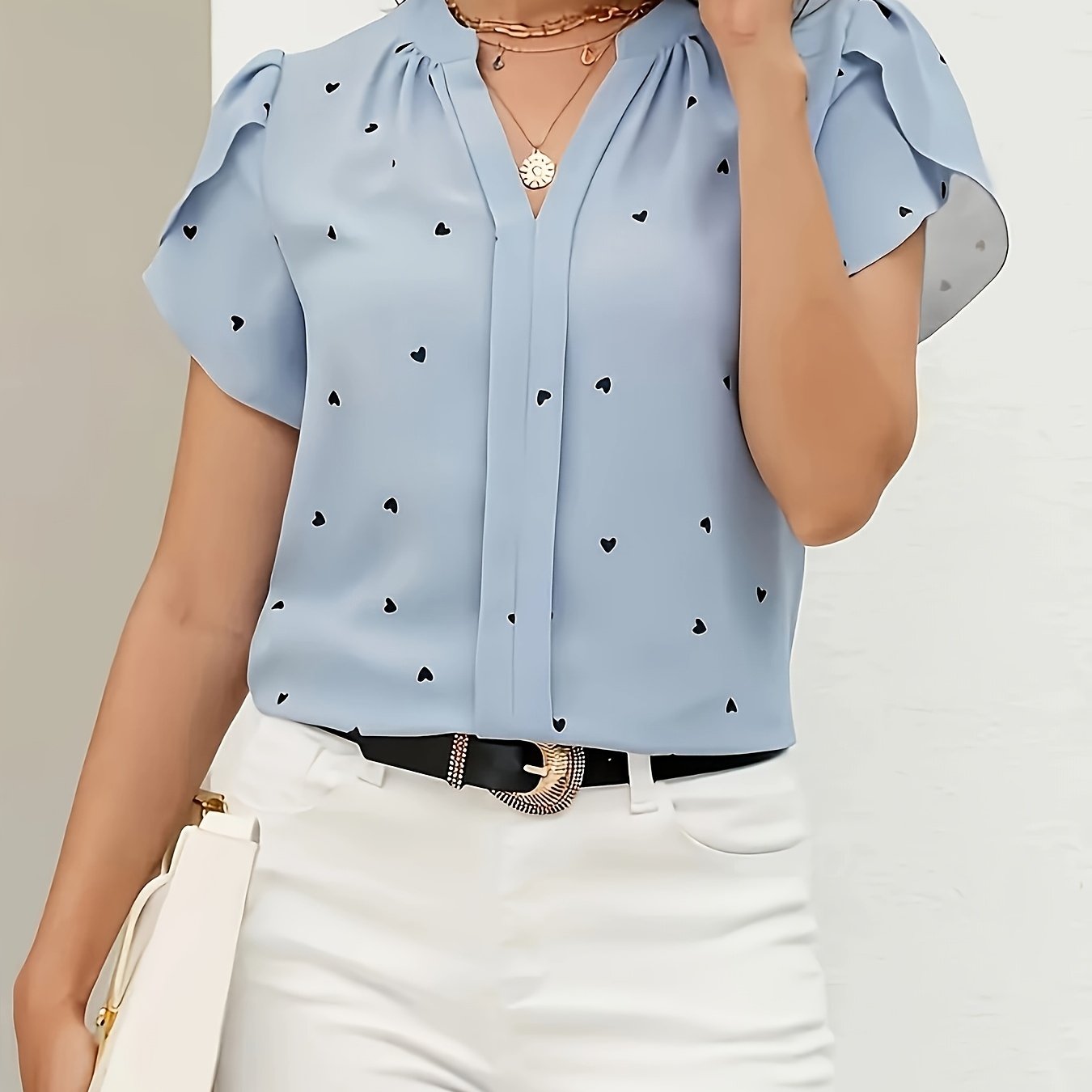 Women's Plus Size Light Blue Heart Print V-Neck Blouse Casual Summer Top