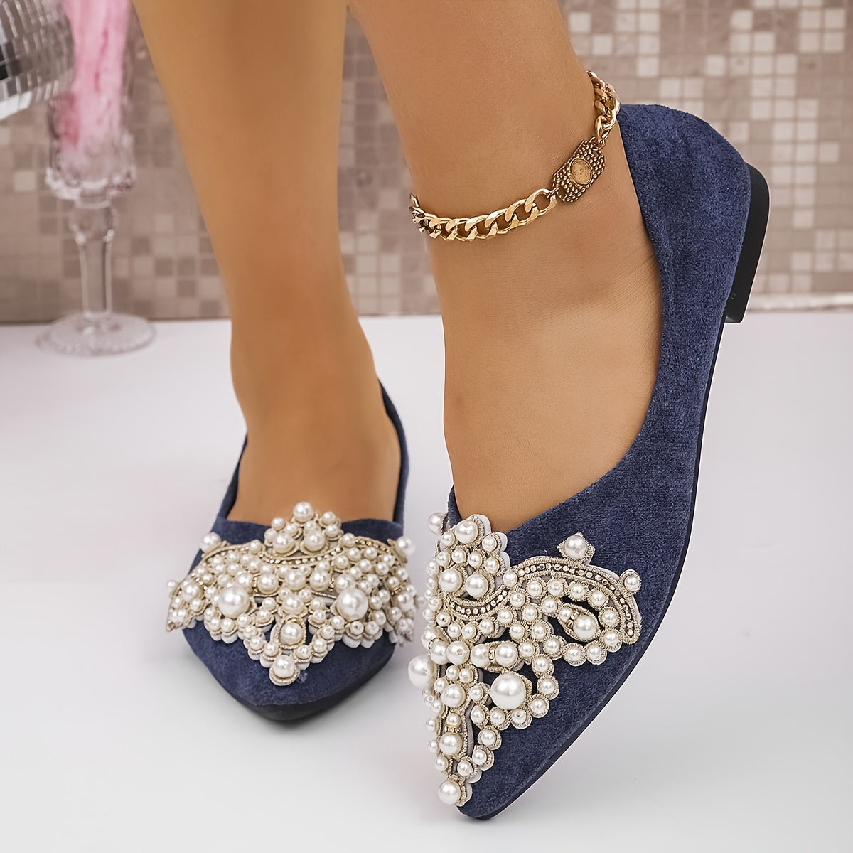 Women's Slip-On Flats with Faux Pearl and Rhinestone Embellishments Lightweight Pointed Toe Shoes for All Seasons