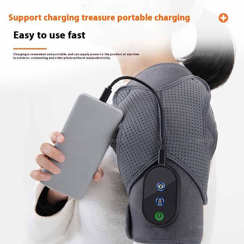 Cordless Heated Shoulder Wrap with Vibration Massage USB Rechargeable Adjustable Strap Breathable Fabric for Men and Women