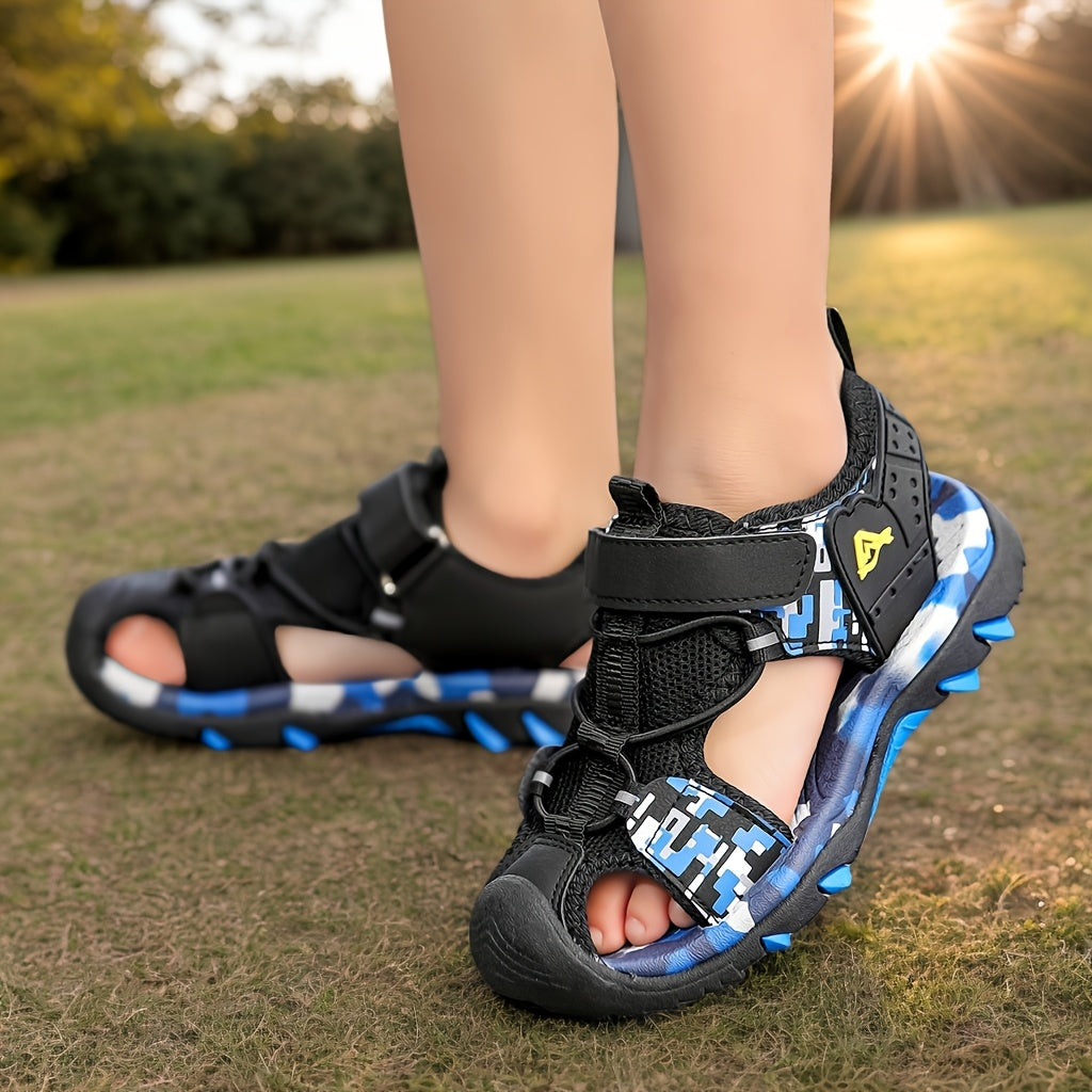 Sandalias deportivas casuales para niños con puntera redonda, cierre elástico y suela TPR