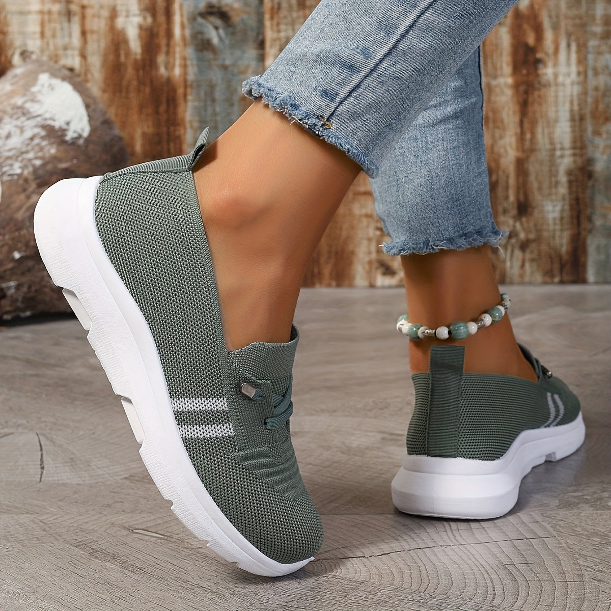 Ladies Breathable Casual Slip-On Sneakers Low Top Fabric Stripes