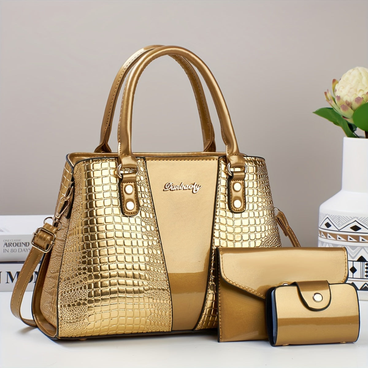3-Piece PU Handbag Set with Crocodile Pattern Crossbody Shoulder Bag and Coin Purse