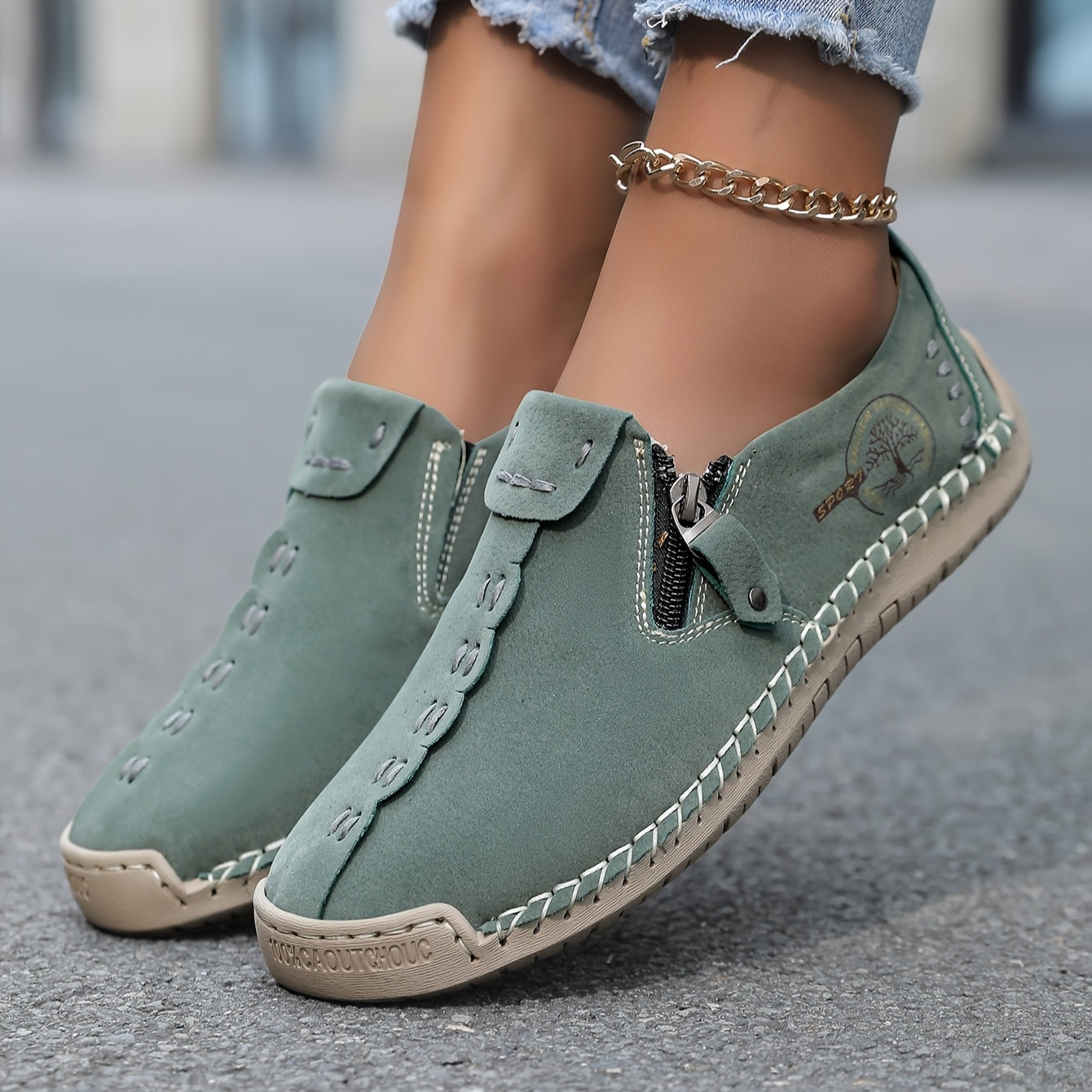 Women's Handmade Casual Loafers Slip-On Sneakers with Zipper Rubber Sole