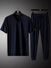 Men's Summer Sun Protection Set Breathable Quick-Dry Nylon V-Neck Shirt and Pants with Pockets