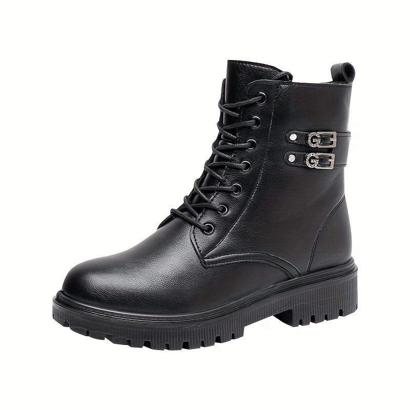 Women's Fleece-Lined Ankle Boots Motorcycle Snow Boots Warm Platform Cold Weather