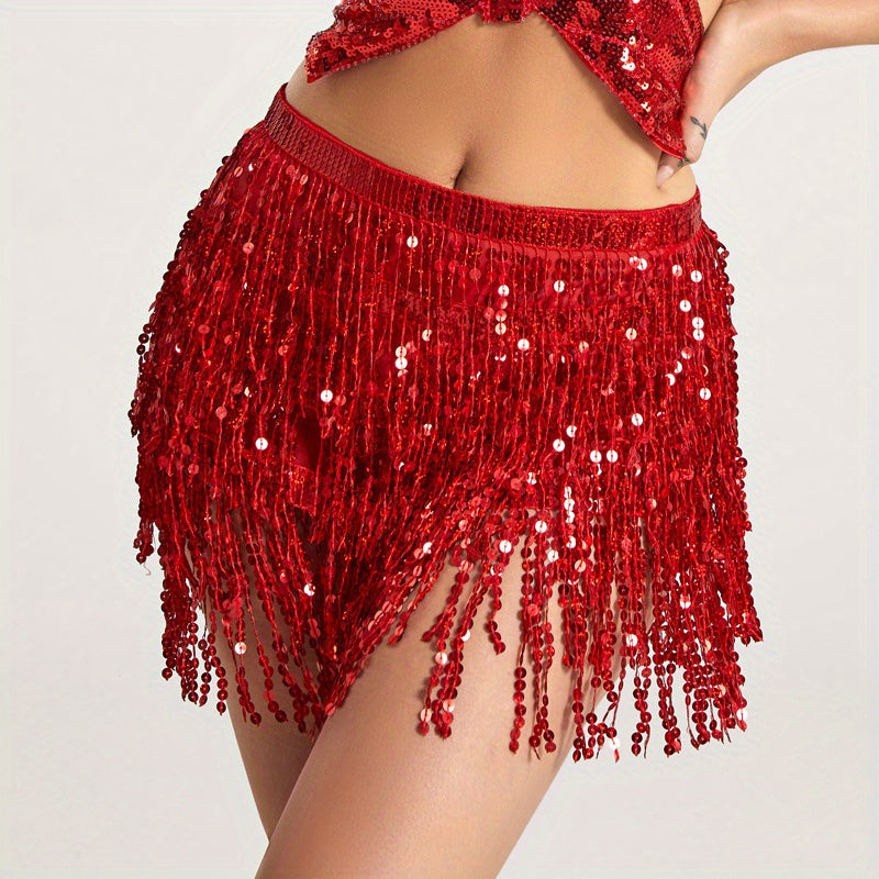 Festive Belly Dance Waist Chain for Halloween Costume Sequin Tassel Hip Scarf with Silvery Layers