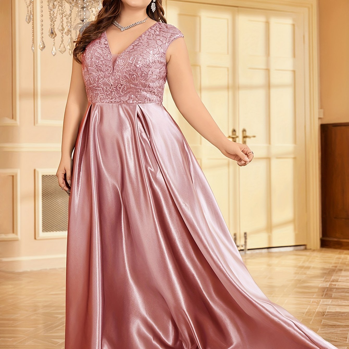 Women’s Sequin Bridesmaid Gown V-Neck Party Dress Plus Size