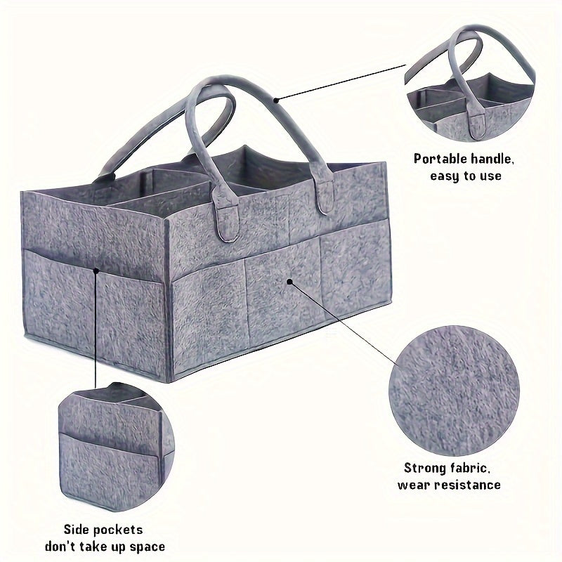 Gray Felt Diaper Organizer with Handles, Foldable Storage for Diapers and Wipes