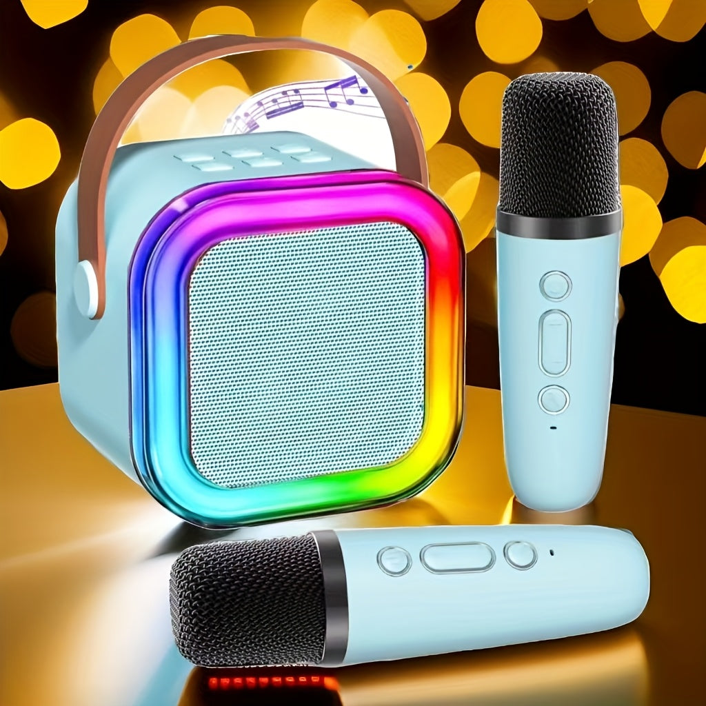 Mini Portable Karaoke Speaker with Wireless Microphones and LED Lights