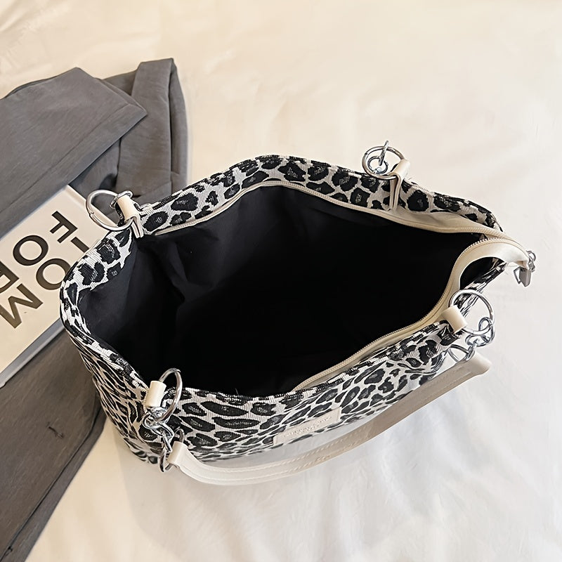 Women’s Corduroy Shoulder Bag with Leopard Print and Polyester Lining