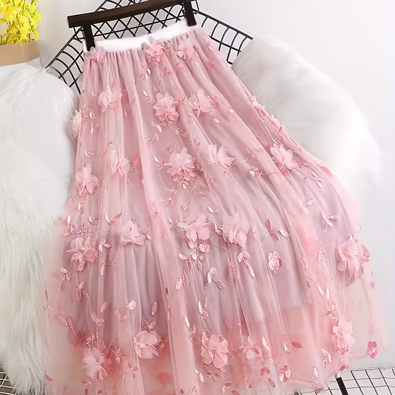 Women's High-Waist A-Line Midi Skirt with Tulle and Floral Embroidery Black Spring Summer Polyester