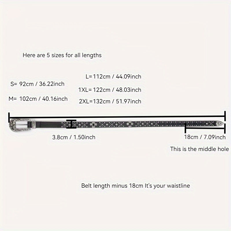 Cinturón unisex de cuero brillante con incrustaciones de rhinestones, hebilla tallada, remaches cruzados y diseño con tachuelas para hip hop, Y2K, vaqueros y pantalones