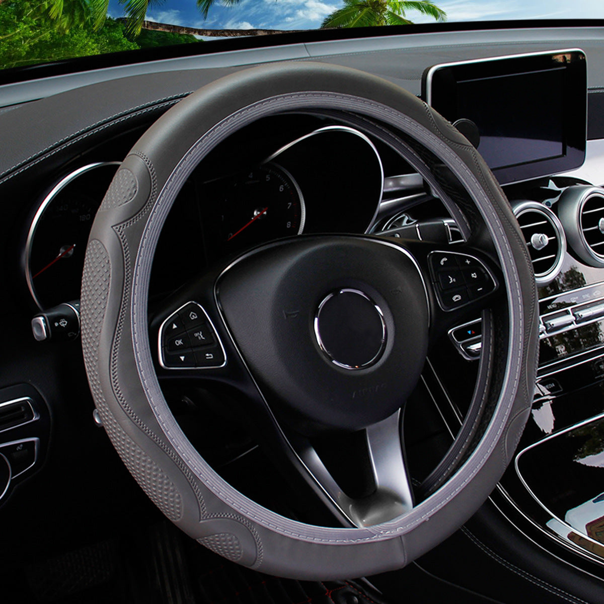 Universal Non-Slip PU Leather Steering Wheel Cover Black Red Stitching 36-38cm