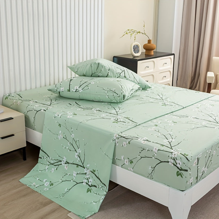 Floral Branch Microfiber Fitted Sheet Set with Deep Pockets and Pillowcases