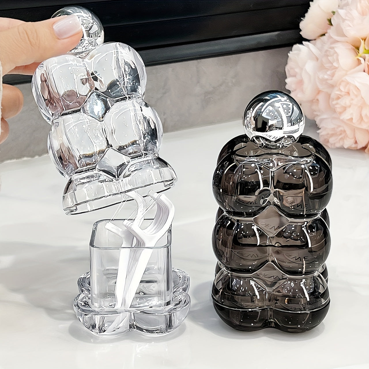 Zarif Dumaloq To'p Dizayni Bilan Luks Plastik Tish To'piq Tutgichi - Uyda Foydalanish Uchun Ideal Dispenser, Shaffof Ko'rinishda Qattiq Qalamlar Uchun Murakkab Tashkiliy, Tish Ipini Saqlash Uchun Zamonaviy Idish (1 Dona)