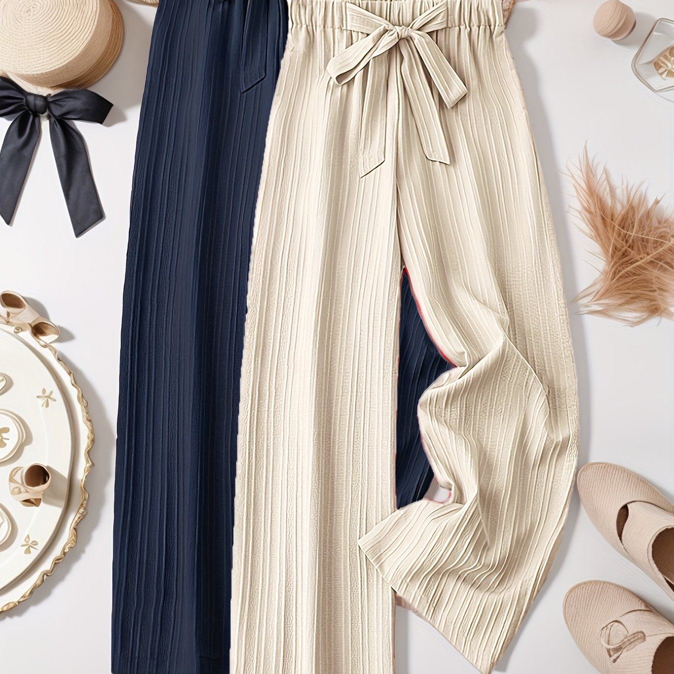 Women's Plus Size Pleated Striped Pants with Bow Detail Two Pack