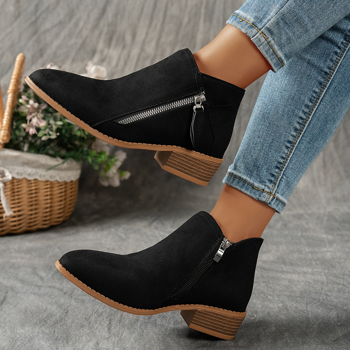 Women's Velvet Chunky Heel Ankle Boots with Slip-On Zipper and Non-Slip Sole
