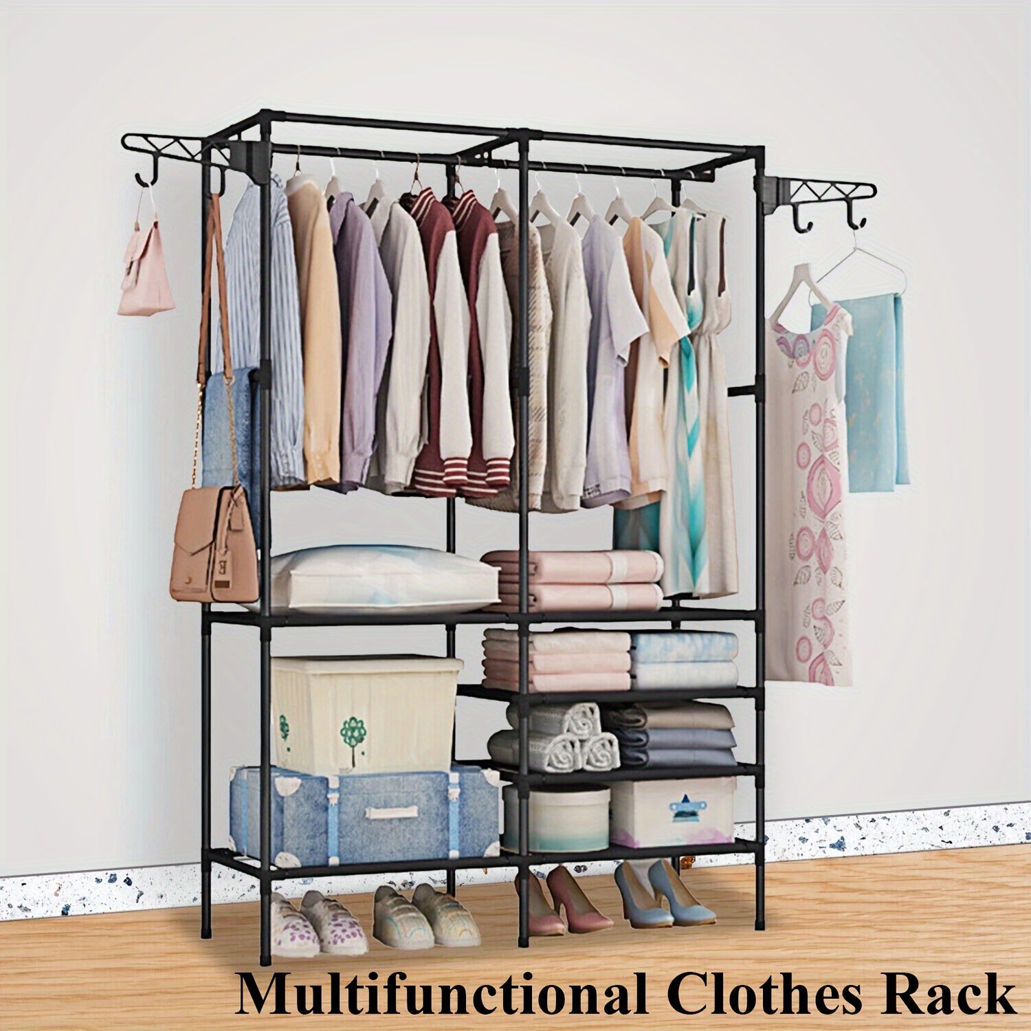 Perchero de metal portátil con almacenamiento para zapatos y accesorios para dormitorio, entrada u oficina