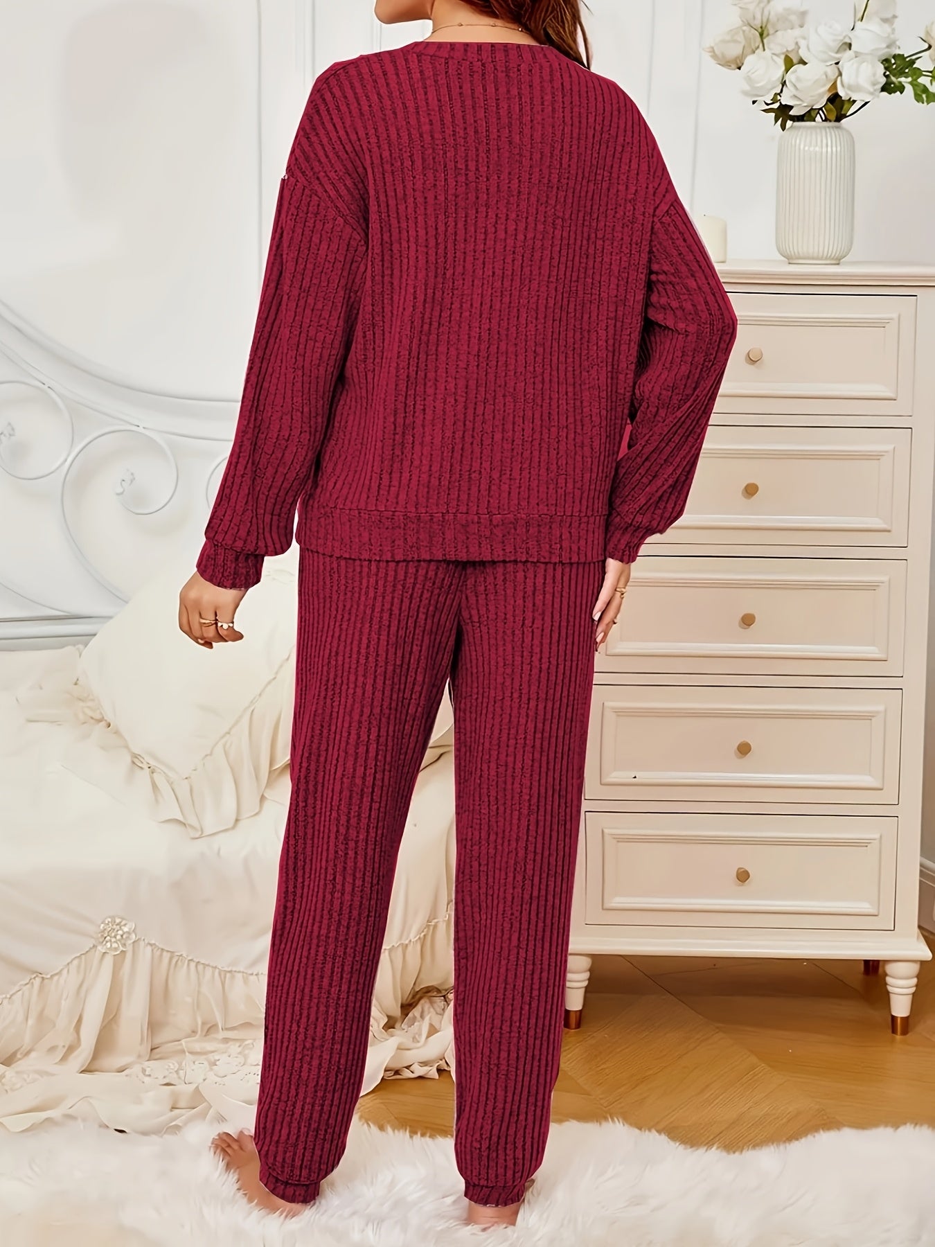 Women's Striped Loungewear Set with V-Neck Top and Pants for Fall Winter Comfort