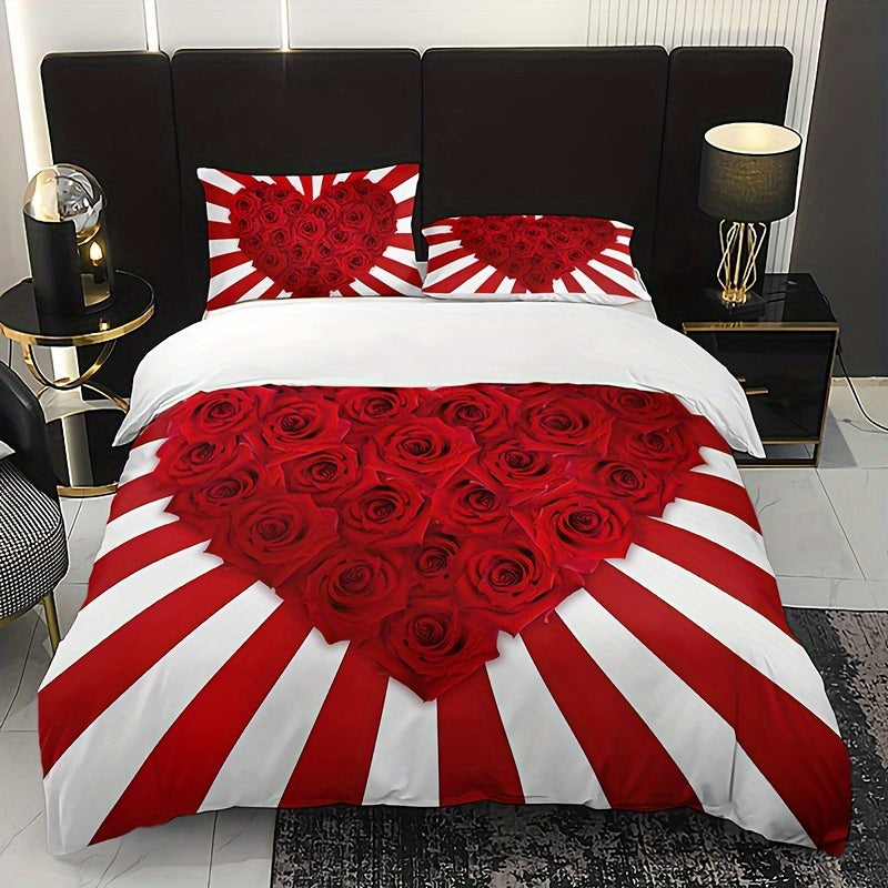 Red and White Rose Floral Print Bedding Set 3 Pieces Duvet Cover and Pillowcases