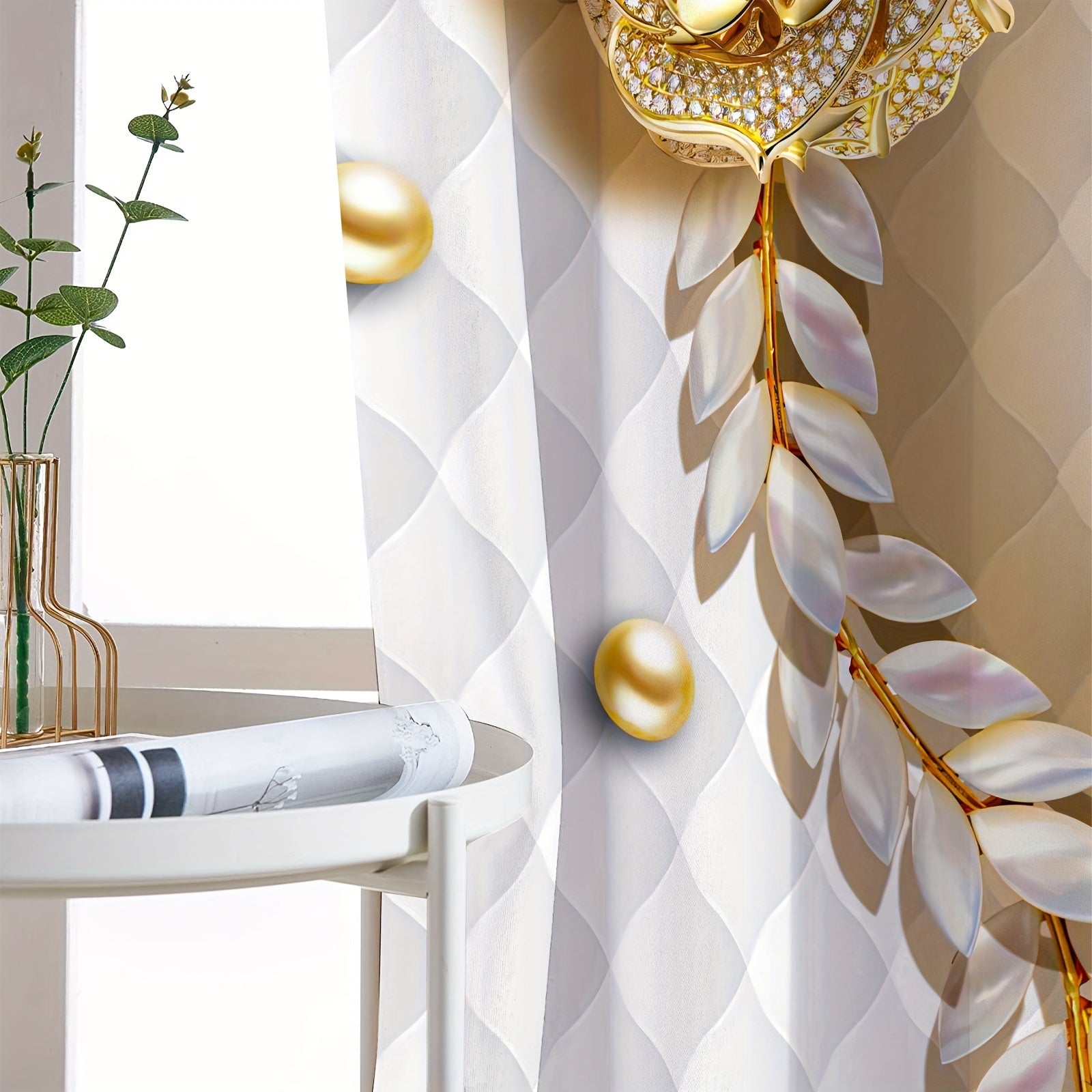 3D Golden Flower Semi Blackout Curtains Set for Bedroom Living Room Kitchen Office