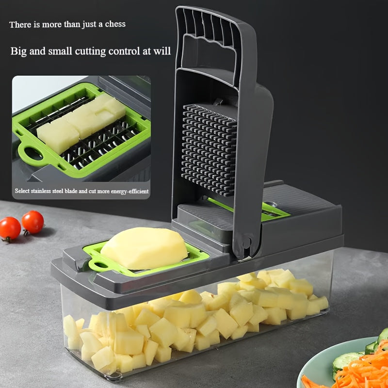 16-in-1 Sabzavotlarni maydalash va bo‘laklash uchun 8 ta pichoq bilan shaffof konteyner Qo‘lda oshxona asbobi