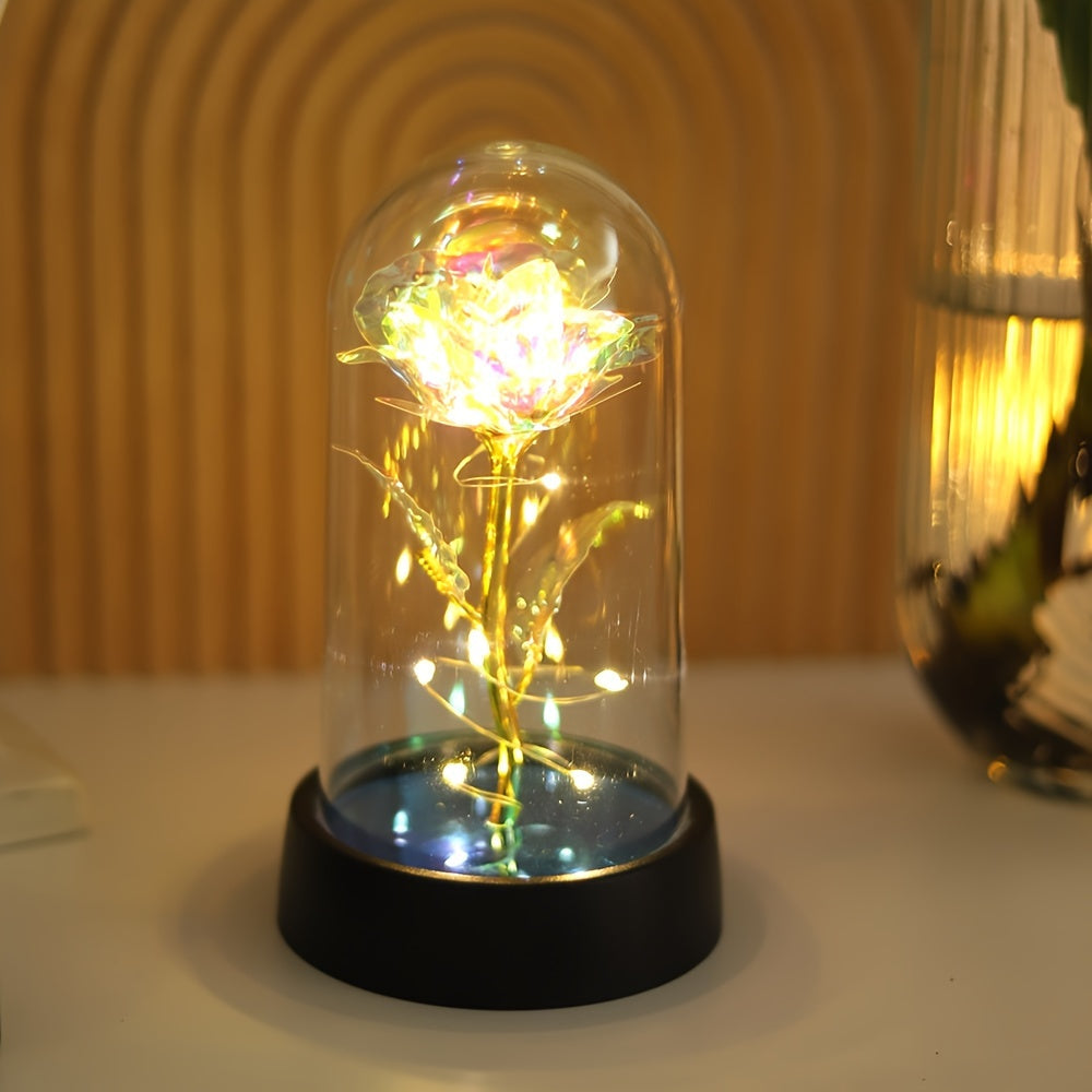 Oltin folga ro'za dizayni bilan LED gullar kechasi chirog'i, stolda joylashadigan lampochka, o'zgaruvchan nazorat bilan, yotoqxona bezatish uchun batareya bilan ishlaydi. 1 ta qayta zaryadlanmaydigan tugma batareyasi kiradi.