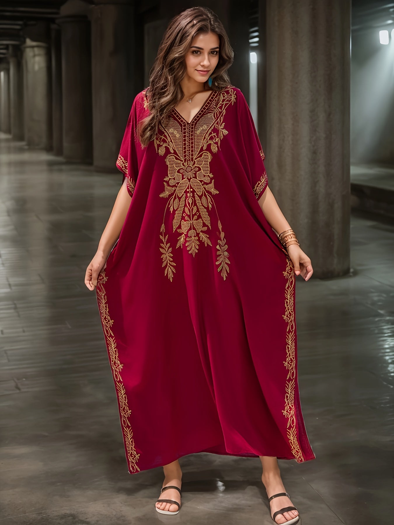 Ayollar uchun katta o'lchamli tikilgan batwing qo'lqopli V-shakllı maksi kiyi