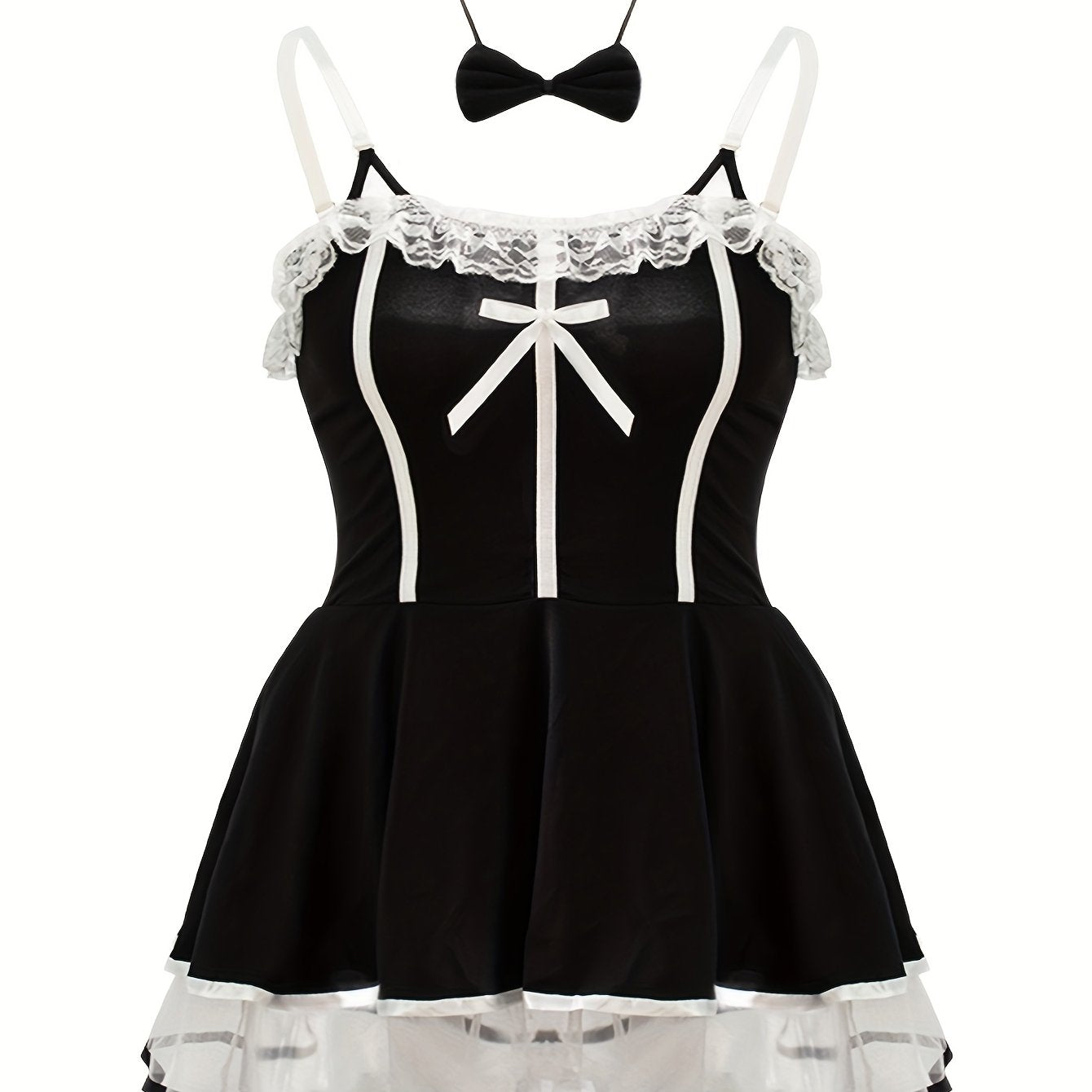 Women's Plus Size Lingerie Costume Set Black White Contrast Halter Dress