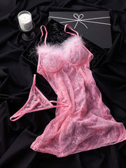 Pink Lace Lingerie Set with Knit Fabric 2-Piece Adult Sleepwear Solid Color