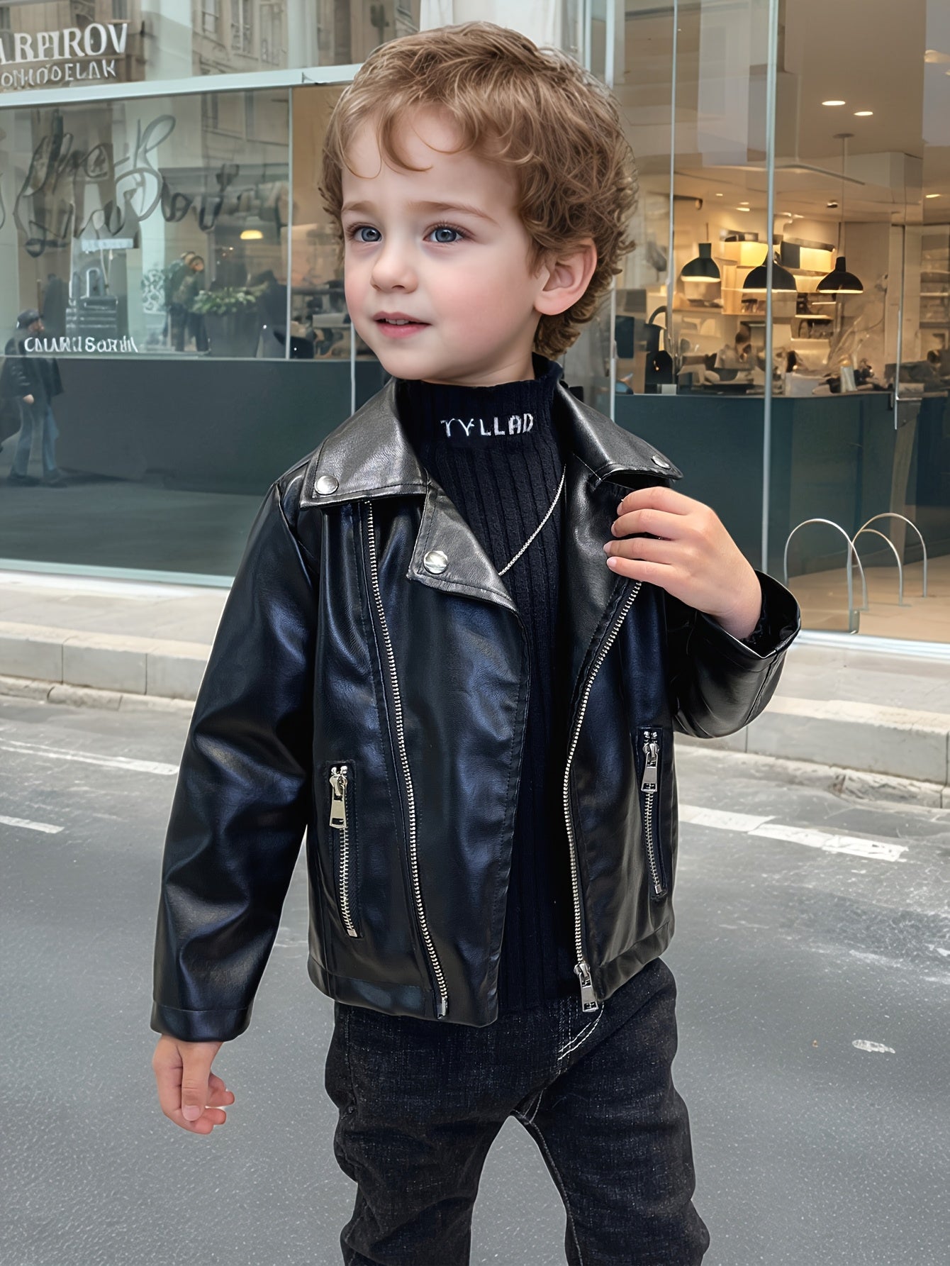 Boys Biker Jacket Black Polyester Casual Spring Fall Button Pockets