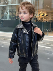 Boys Biker Jacket Black Polyester Casual Spring Fall Button Pockets