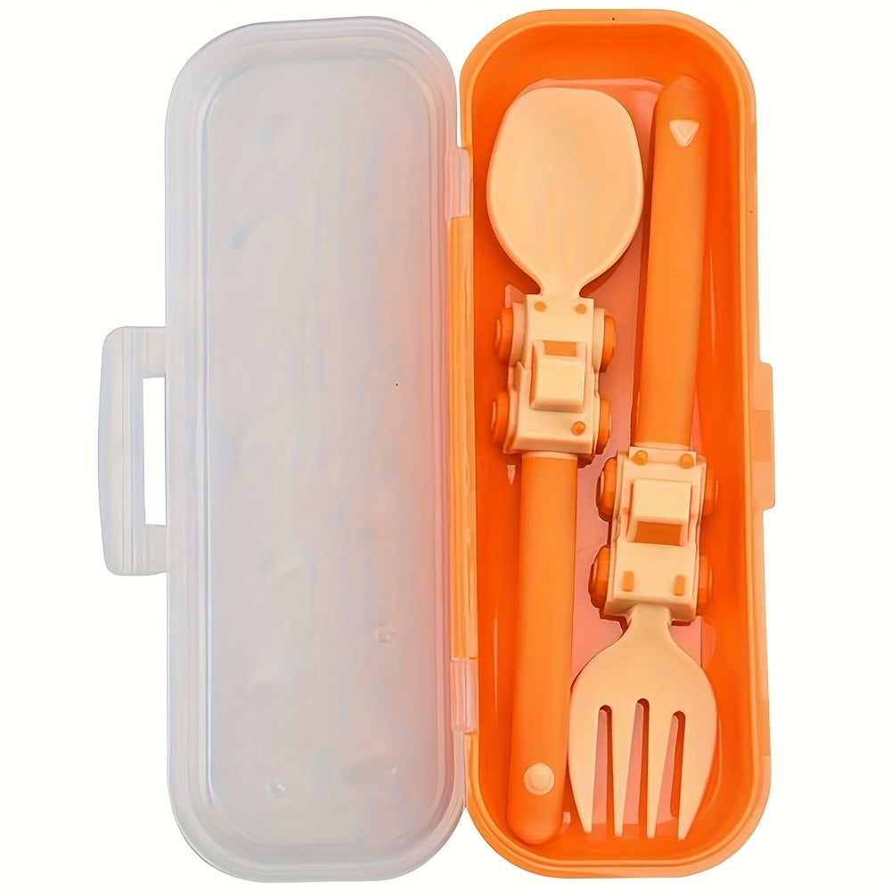 Kids' Cartoon Truck Fork and Spoon Set Non-Toxic Easy-Hold Feeding Utensils in Various Colors
