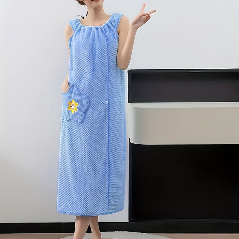 Hashamatli koral fliys ayollar uchun hammom sochiq koftasi, qo'shimcha uzun, ultra-sorbent, yelkasiz va gullar bilan cho'ntakli. Uyda foydalanish uchun mukammal, ko'k yoki yashil rangda.