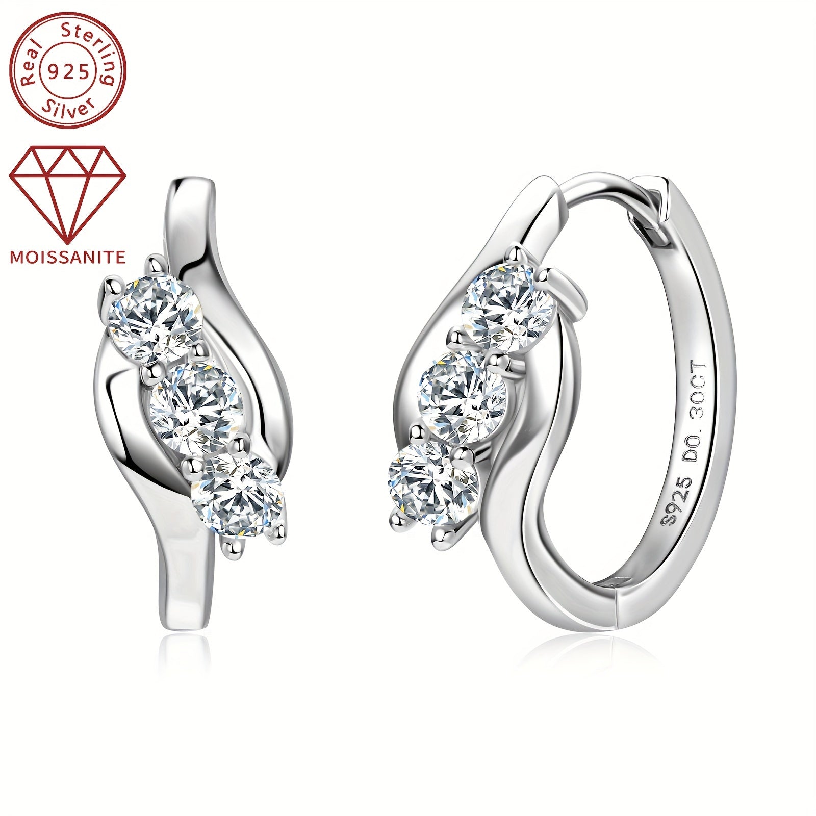 Sterling Silver Hoop Earrings 0.6ct Moissanite 3mm Jewelry Gift