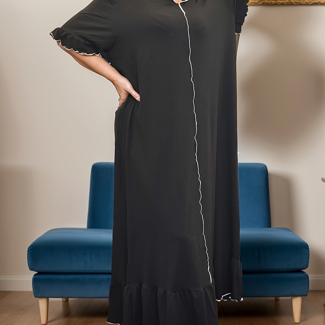 Vestido de dormir casual para mujer de talla grande con mangas cortas y dobladillo con volantes de poliéster