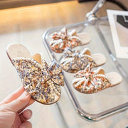 Girls Floral Fabric Indoor Shoes with Pearl Decor Non-Slip Sole
