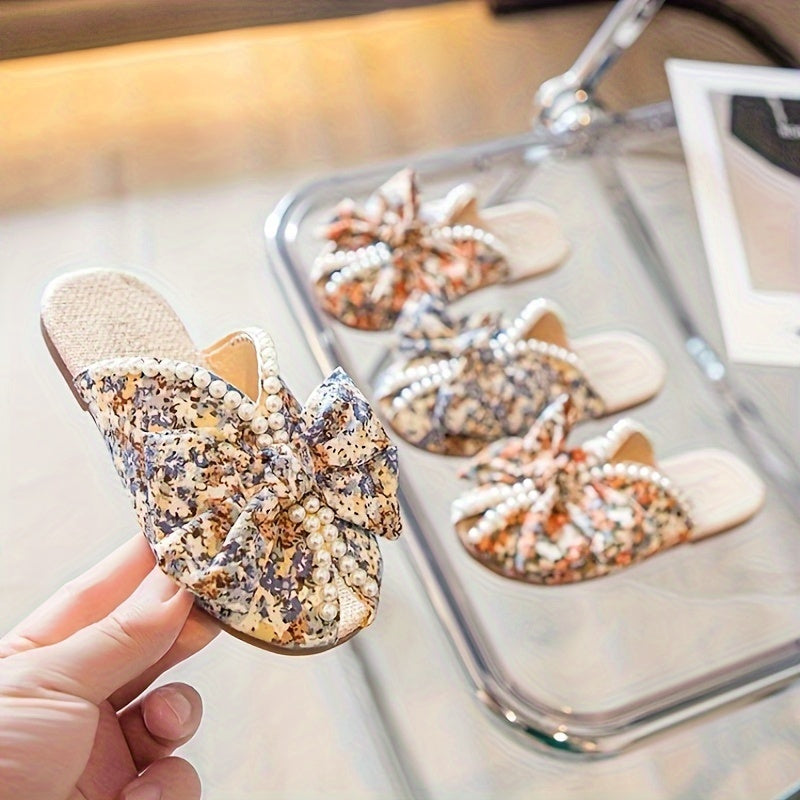 Girls Floral Fabric Indoor Shoes with Pearl Decor Non-Slip Sole