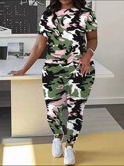 Plus Size Women's Camouflage Pink Sportswear Set Athletic Activewear