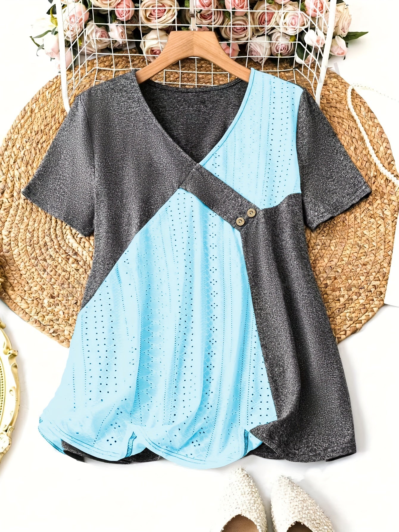 Туника с цветными блоками и V-образным вырезом для женщин, повседневное лето, полиэстеровая смесь, эластичная