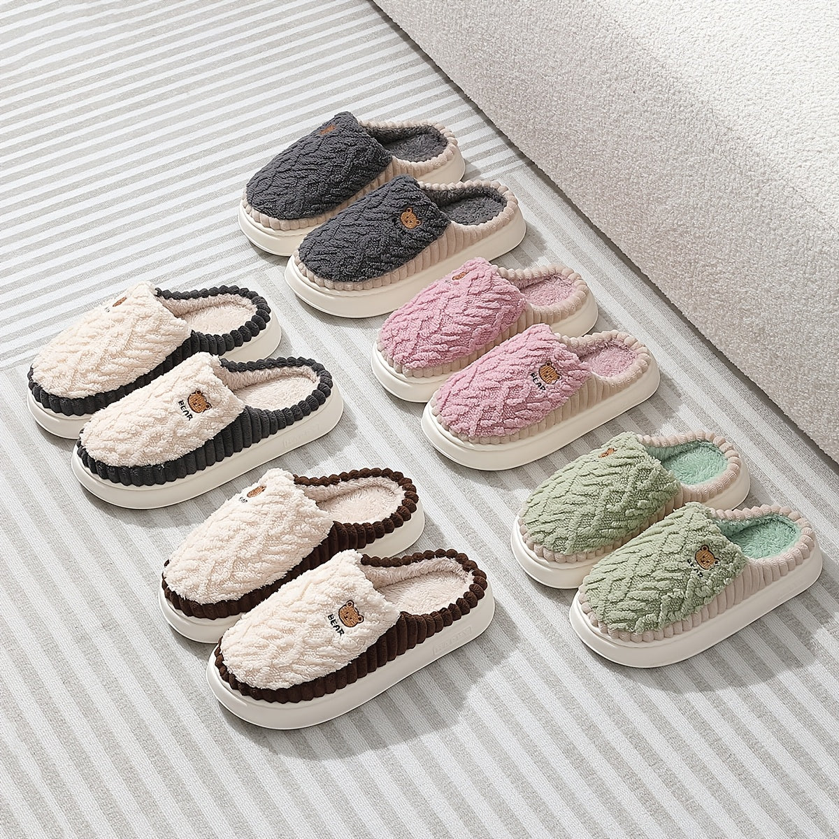 Unisex Plush Slippers Warm Indoor Winter Shoes Thick Sole Soft Lining