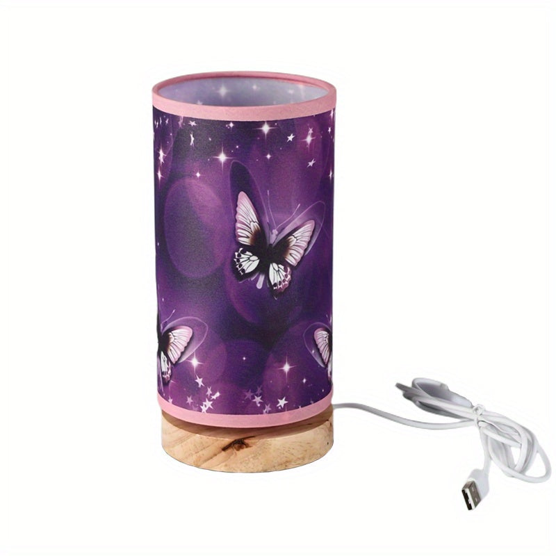 Purple Butterfly Table Lamp with Wood Base for Bedroom or Room Decor