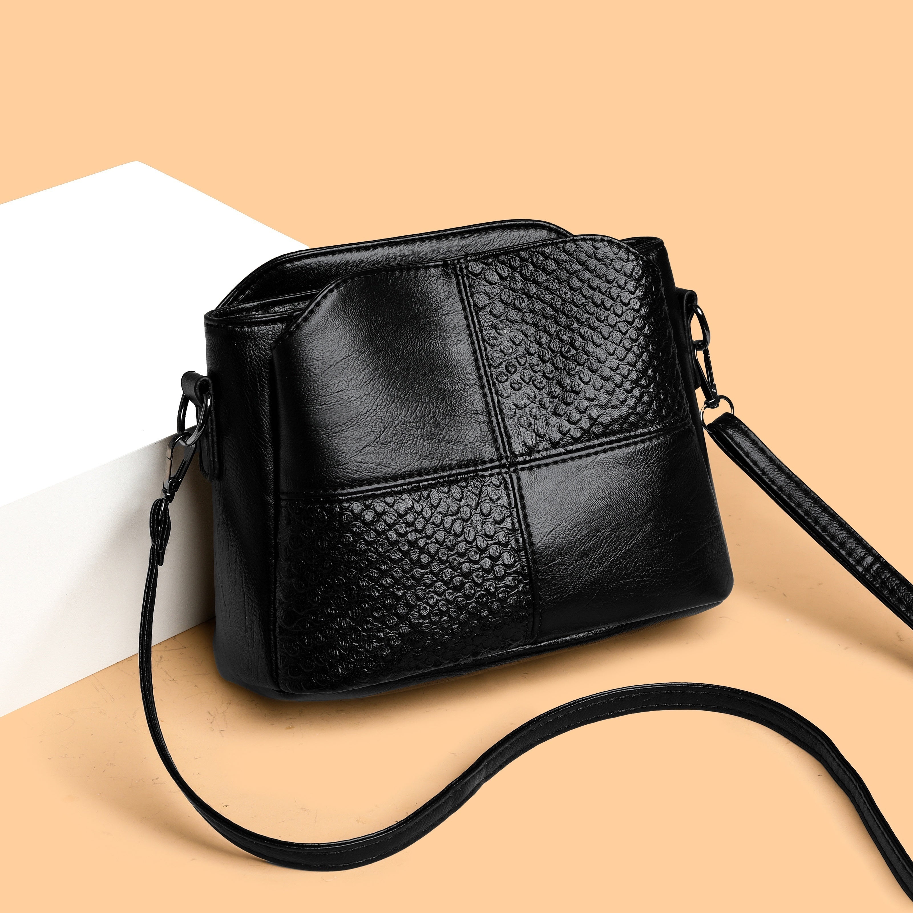 Women's Mini Crossbody Bag in Black PU Leather with Detachable Strap and Zipper Closure