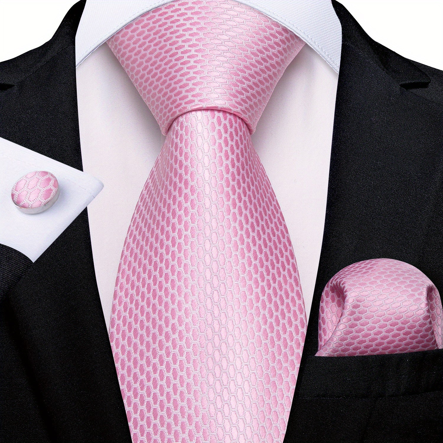 Stylish Men's Pink Patterned Tie Set with Pocket Square, Hanky, and Cufflinks - Perfect for Weddings or as a Gift