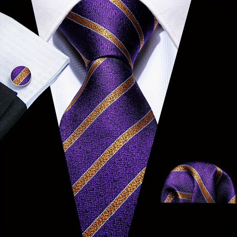 Men's Classic Striped Tie Set with Matching Handkerchief and Cufflinks for Formal and Casual Wear