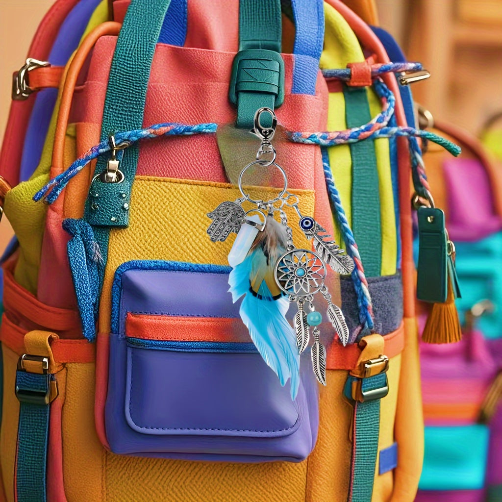 Llavero atrapasueños con borla de plumas de metal negro para bolsos, llaves, coche