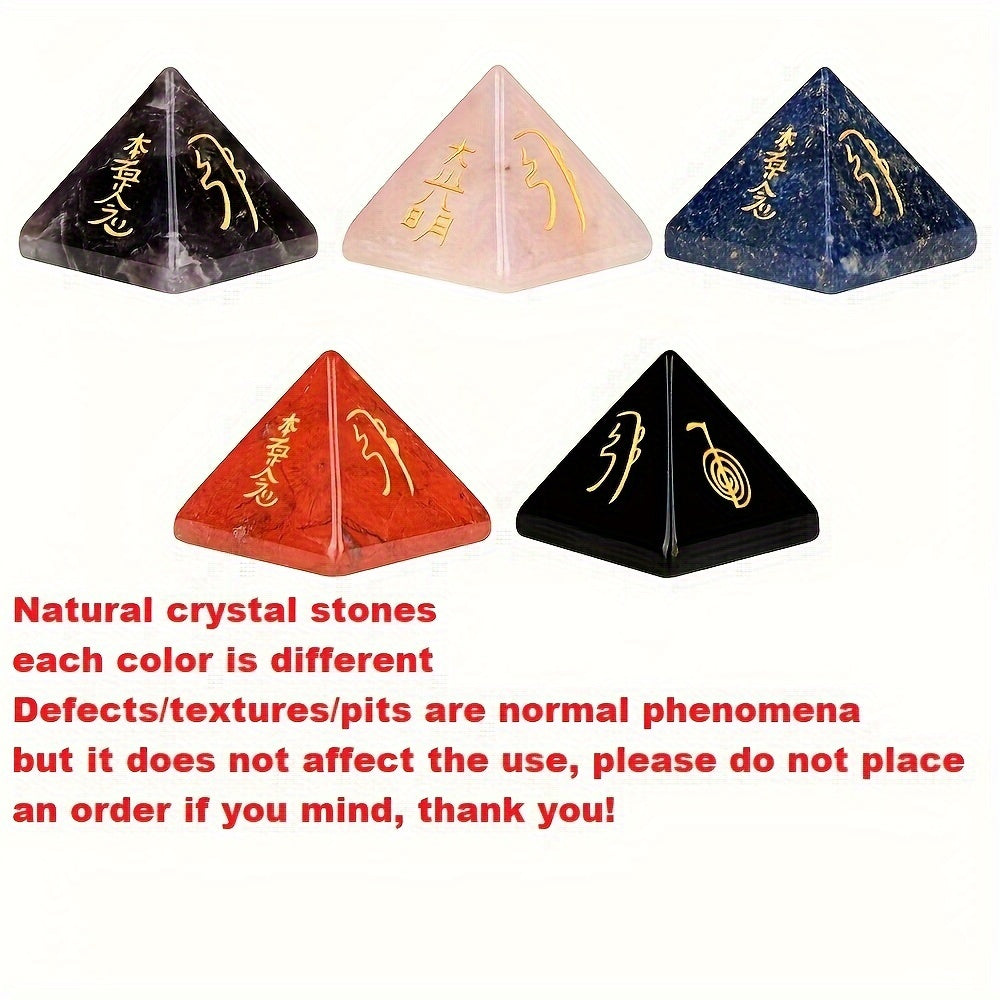 Hand-Carved Reiki Symbol Pyramid Natural Stone with Healing Crystals for Meditation and Gift