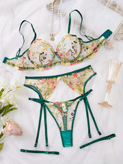 Women's Lingerie Set with Semi-Sheer Mesh Flower Pattern and Hanging Leg Straps Bra and Thong