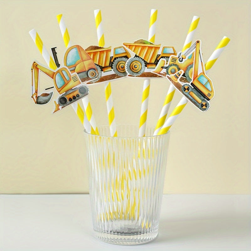 Set of 6 Construction Paper Straws Yellow Striped Engineer Vehicles Party Supplies