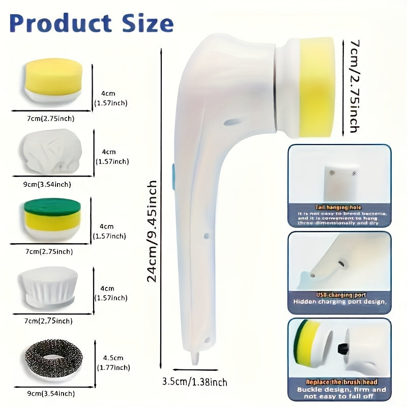 5-in-1 Rechargeable Electric Scrubber Wireless Cleaning Brush Kitchen Bathroom Food-safe Durable